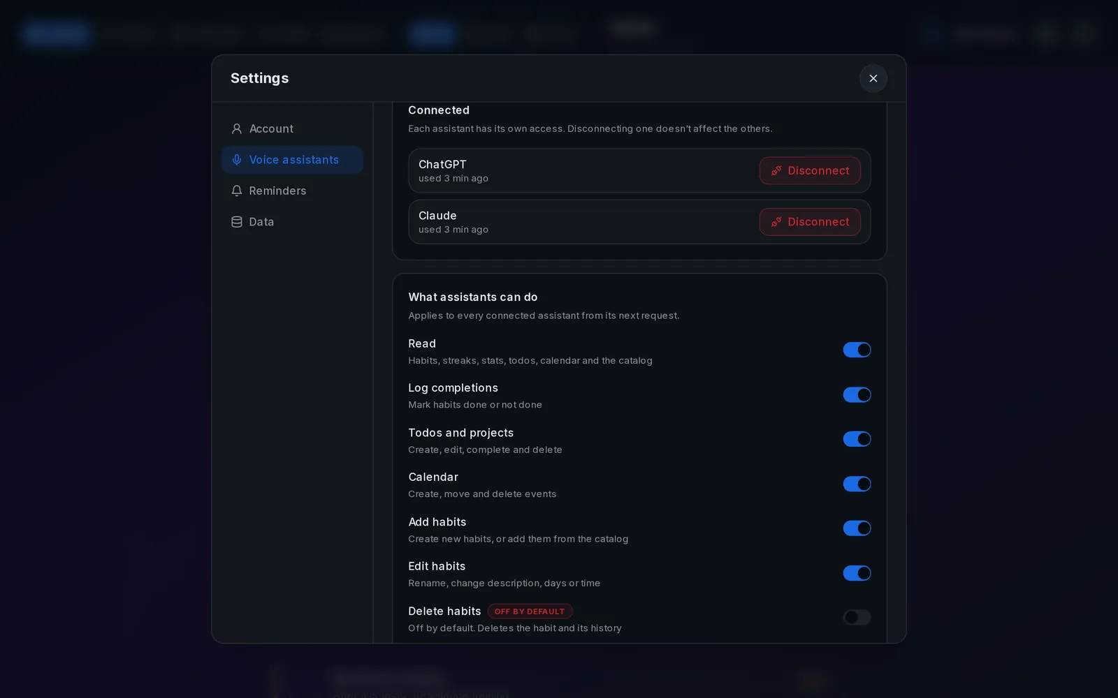 Connected assistants ChatGPT and Claude with permission switches for reading, logging, todos, calendar and habits
