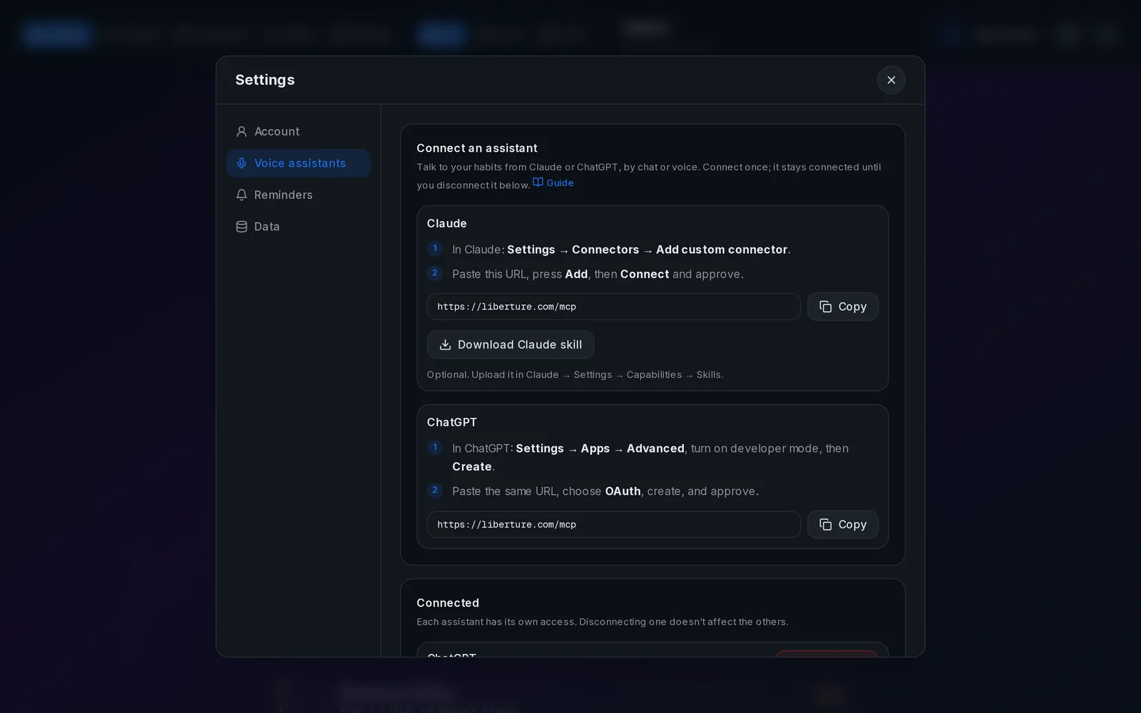 Liberture settings with the Claude connector URL and the steps to add it